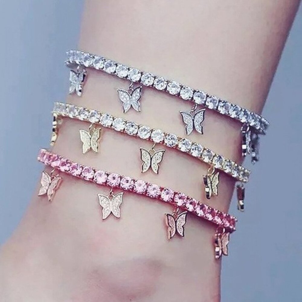 🍁925 Silver Plated CZ Cuban Link Tennis Butterfly Anklet, GPMB1519bbbb